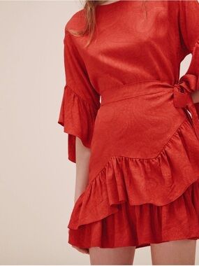 MAJE Rahima Jacquard Ruffle Wrap Mini Dress in Rouge
